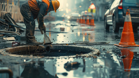 Worker over the open sewer hatch on a street near the traffic cones. Concept of repair of sewage, underground utilities, water supply system, cable laying, water pipe accidentの素材