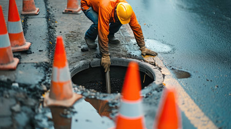 Worker over the open sewer hatch on a street near the traffic cones. Concept of repair of sewage, underground utilities, water supply system, cable laying, water pipe accidentの素材