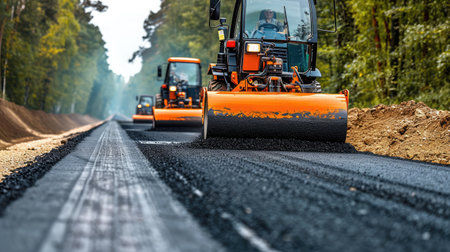 Vibratory asphalt rollers compactor compacting new asphalt pavement. Road service build a new highwayの素材