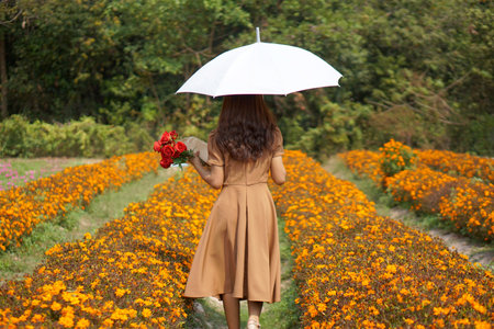 Asian woman walking in a beautiful flower gardenの写真素材