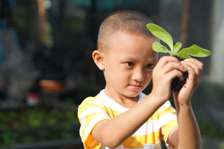 concept of saving the world boy planting treesの写真素材