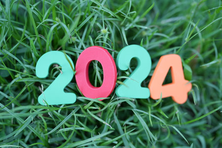 Happy New Year 2024 concept, 2024 numbers on grass