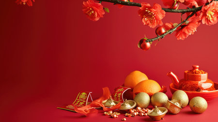 Chinese new year festival decorations pow or red packet, orange and gold ingots or golden lump on a red background. Chinese characters FU in the article refer to fortune good luck, wealth, money flow.の素材