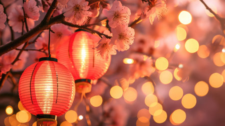 Chinese new year celebration in Asia. Pink, red and golden lantern on Japanese sakura tree for Lunar new year party. Background with glitter and bokeh lights. Cherry tree blossom.の素材