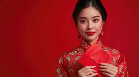 Beautiful Asian woman with clean fresh skin wearing traditional cheongsam dress holding red envelopes or Ang Pao on red background. Happy Chinese new year. Chinese text means great luck great profitの素材