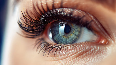 Female Eye with Extreme Long False Eyelashes. Eyelash Extensions. Makeup, Cosmetics, Beauty. Close up, Macroの素材