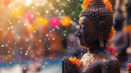 Buddha statue water ceremony in songkran festivalの素材
