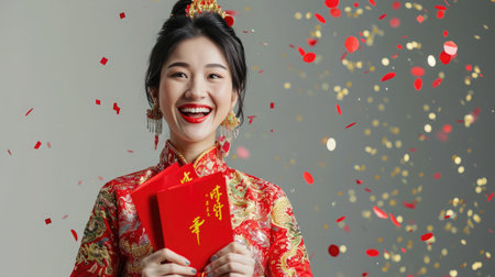 Surprised happy Asian woman in traditional oriental costume holding red envelopes or Ang Pao in gray background with confetti, Chinese text means great luck great profitの素材