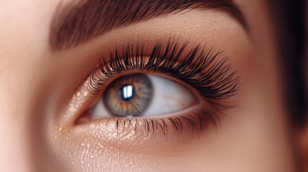Female Eye with Extreme Long False Eyelashes. Eyelash Extensions. Makeup, Cosmetics, Beauty. Close up, Macroの素材