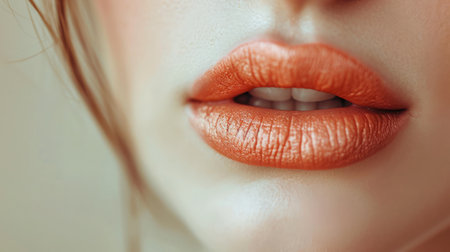 Close-up Beautiful lips. Part of face, young woman close up. Sexy plump lips Nude lipstick. peach color of lipstick on large lipsの素材