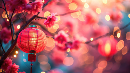 Chinese new year celebration in Asia. Pink, red and golden lantern on Japanese sakura tree for Lunar new year party. Background with glitter and bokeh lights. Cherry tree blossom.の素材