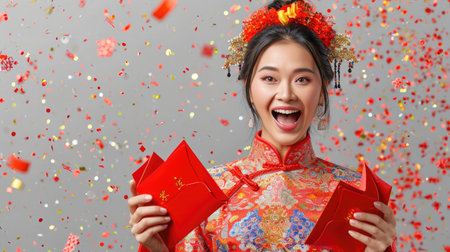 Surprised happy Asian woman in traditional oriental costume holding red envelopes or Ang Pao in gray background with confetti, Chinese text means great luck great profitの素材