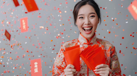 Surprised happy Asian woman in traditional oriental costume holding red envelopes or Ang Pao in gray background with confetti, Chinese text means great luck great profitの素材