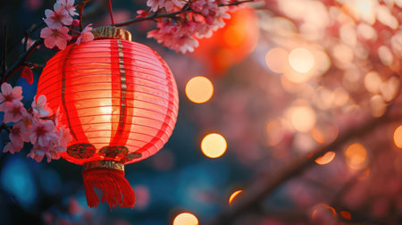 Chinese new year celebration in Asia. Pink, red and golden lantern on Japanese sakura tree for Lunar new year party. Background with glitter and bokeh lights. Cherry tree blossom.の素材