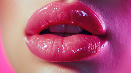 Sexy pink lips close up. Beautiful Perfect Makeup. macro. Beautiful pink Lip Gloss. advertising. Cosmetic. Mouth open, big lips.の素材
