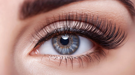Female Eye with Extreme Long False Eyelashes. Eyelash Extensions. Makeup, Cosmetics, Beauty. Close up, Macroの素材