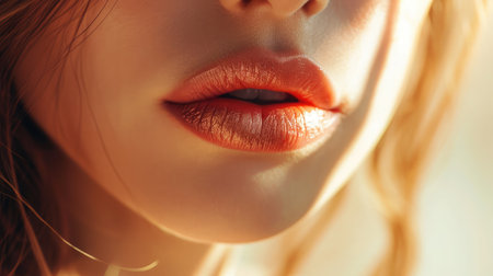Part of face,young woman close up. Sexy plump lips without makeupの素材