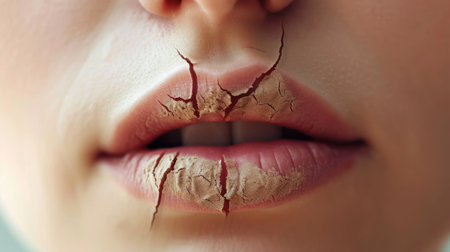 Lips. Close up of chapped, cracked lips, dry skin problem with mouth disease beforeの素材