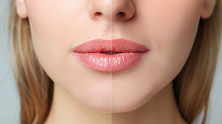 Young woman before and after treatment of dry lips, closeupの素材