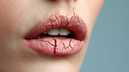 Lips. Close up of chapped, cracked lips, dry skin problem with mouth disease beforeの素材