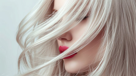 Beautiful girl with hair coloring in ultra blond. Stylish hairstyle done in a beauty salon. Fashion, cosmetics and makeupの素材