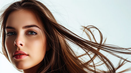 Portrait of a beautiful woman with a long hair. Young brunette model with beautiful hair - isolated on white background. Young girl with hair flying in the wind.の素材