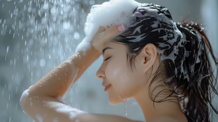 Woman washing hair with shampoo and shower in bathroom, Asian female body and hair care with foam to freshness. Spa and Health care.の素材