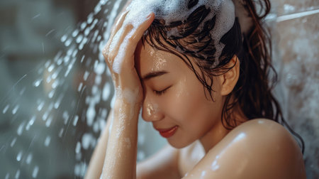 Woman washing hair with shampoo and shower in bathroom, Asian female body and hair care with foam to freshness. Spa and Health care. --ar 16:9 --v 6 Job ID: 58efb2ba-1ee7-4eea-8547-f88b848483b1の素材