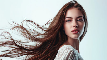 Portrait of a beautiful woman with a long hair. Young brunette model with beautiful hair - isolated on white background. Young girl with hair flying in the wind.の素材