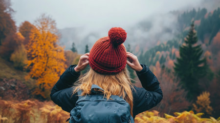 Autumn . Woman puts on knitted hat during hike in mountains forest in cold foggy weatherの素材