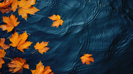 Autumn background. bright yellow-orange fallen maple leaves in dark blue water. autumn atmosphere image. symbol of fall season. flat lay. template for designの素材