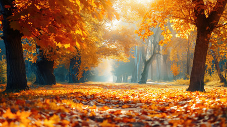 Autumn scene. Bright colorful landscape yellow trees in autumn park. Fall nature.の素材
