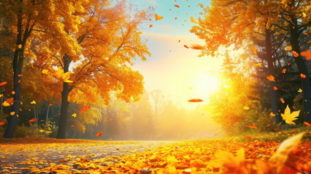 Beautiful autumn landscape with yellow trees and sun. Colorful foliage in the park. Falling leaves natural backgroundの素材