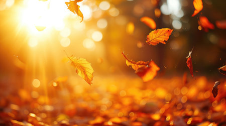 Lively closeup of falling autumn leaves with vibrant backlight from the setting sunの素材