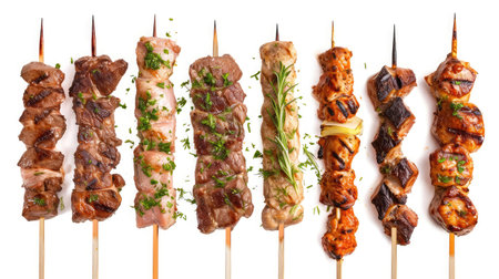 Grilled meat skewers variety isolated on white, Souvlaki chicken and pork, kebab doner. Greek grill food, top view. Design elementの素材