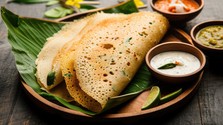 Ragi Dosa, healthy south Indian breakfast item arranged on a round wooden base lined with banana leaf and coconut chutney placed beside it.の素材