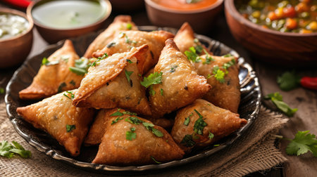 Samosa Spicy smosa iftaari dish Indian ramadan food, Pakistani Iftar meal. --ar 16:9 --v 6 Job ID: a57c0c18-cc3f-484d-9e04-da61ca4cf197の素材
