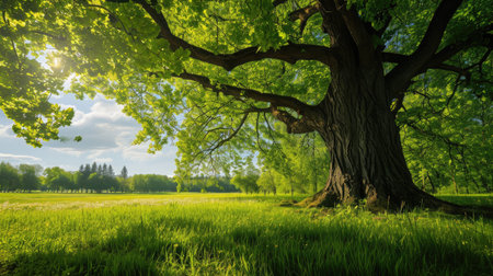 Spring meadow with big tree with fresh green leavesの素材