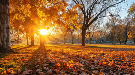 autumn city park at sunriseの素材