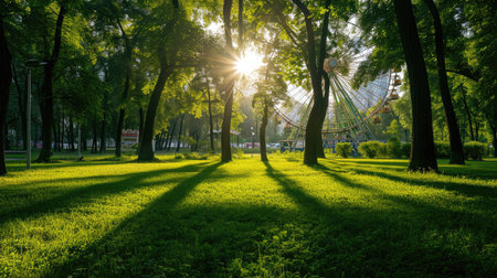 Green forest and ferris wheel with grass in the city park.の素材