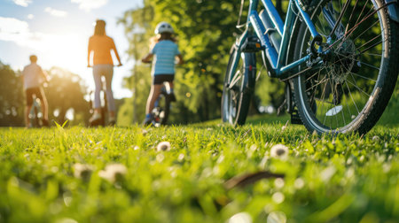 Bicycle on green grass in the park. People relaxing. Happy family enjoy time together outside. togetherness, love, happiness concept.の素材