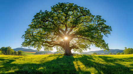 The sun shining through a majestic green oak tree on a meadow, with clear blue sky in the background, panorama formatの素材