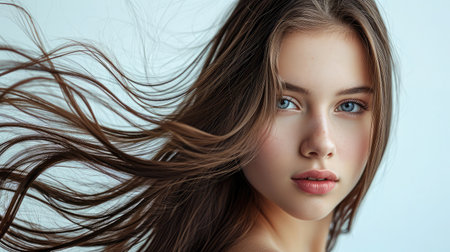 Portrait of a beautiful woman with a long hair. Young brunette model with beautiful hair - isolated on white background. Young girl with hair flying in the wind.の素材