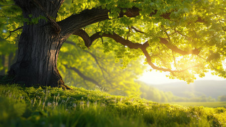 Big tree with fresh green leaves and green spring meadowの素材