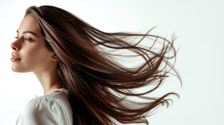 Portrait of a beautiful woman with a long hair. Young brunette model with beautiful hair - isolated on white background. Young girl with hair flying in the wind.の素材