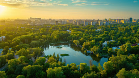Scenic view of the park in the center of the big city in the summer. With a lagoon in the middle and green trees. In the atmosphere of evening lightの素材