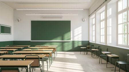 Classroom school.Interior of clean spacious classroom ready for new school year. Empty room with white walls, comfortable desks, chairs, green blackboard, whiteboard. Back to school.の素材