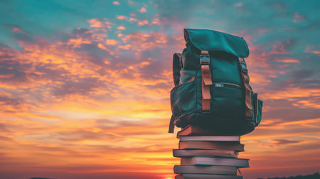 Back to school! Backpack is standing on the tower of books on background of sunset sky. Concept of education and reading.の素材