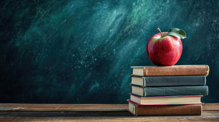 Back to school background with books and apple over blackboardの素材