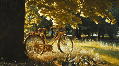 Golden bicycle in fresh summer parkの素材
